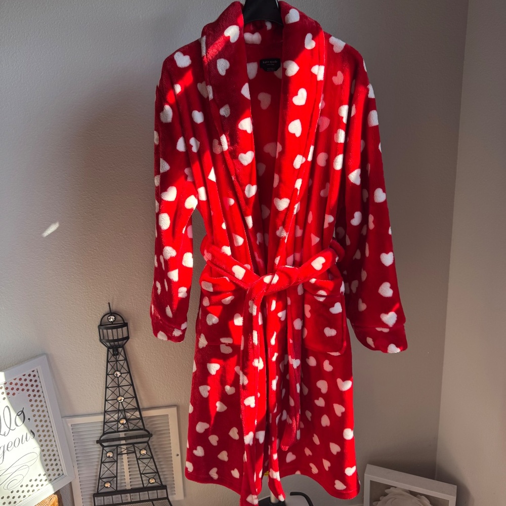 Kate Spade Fleece Heart Robe Red Long Sleeve Belted Bathrobe Sz XS - Picture 2 of 8